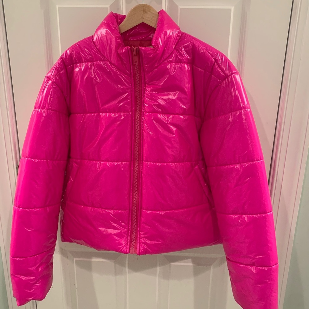 Womens Hot Pink Puffer Coat, Size M